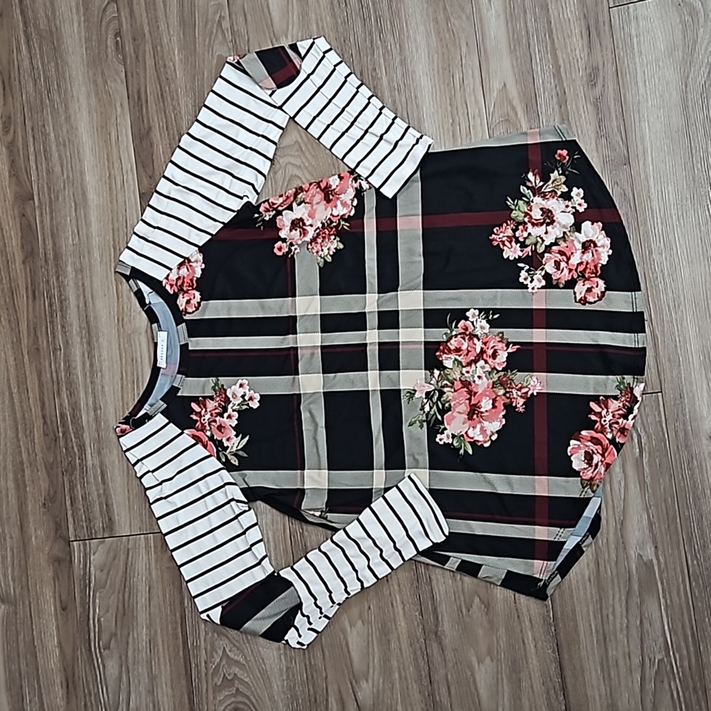 Reborn J Stripes Plaid Floral Long Sleeve Tunic Top Women's Large Shirt